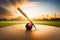 A cricket ball about to make contact with the bat, the cricket field bathed in the warm hues of a setting sun, creating a