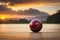 A cricket ball about to make contact with the bat, the cricket field bathed in the warm hues of a setting sun, creating a