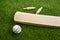 Cricket bat ball stumps and bails placed on green grass cricket pitch background