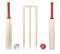 Cricket bat, stumps, bails, red ball and white ball isolated on white background, wooden cricket bat all angles studio shot cutout