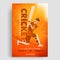 Cricket batsman in playing action on shiny orange background.