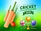 Cricket championship poster or banner design with bats, ball, champion trophy and participants team flag.