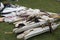 cricket equipment piled up ready for use at a local charity cricket match
