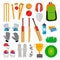 Cricket Icons Set Vector. Cricketer Accessories. Bat, Gloves, Helmet, Ball, Cup, Playing Field. Isolated Flat Cartoon