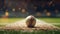 cricket leather ball resting on bat on the stadium pitch. Generative Ai