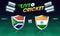 Cricket Match participating countries flag shield with India VS South Africa highlighted on shiny Stadium background.