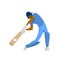 Cricket player in blue uniform hits ball, cartoon isolated vector illustration. Abstract cricket flat design logo