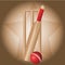 Cricket set of bat and red ball and wickets