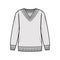Cricket Sweater technical fashion illustration with stripes, rib V-neck, long sleeves, oversized, hip length, knit trim