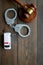 Crime concept. Police car toy, handcuff, judge hammer on dark wooden background top view space for text