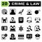 Crime and Law icon set include fingerprint, identification, investigation, evidence, search, jail, prisoner, criminal, convict,