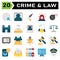 Crime and Law icon set include fingerprint, identification, investigation, evidence, search, jail, prisoner, criminal, convict,