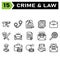 Crime and Law icon set include pistol, weapon, gun, crime, evidence, handcuffs, arrest, cuffs, prisoner, police, stamp, document,