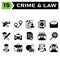 Crime and Law icon set include pistol, weapon, gun, crime, evidence, handcuffs, arrest, cuffs, prisoner, police, stamp, document,