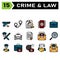 Crime and Law icon set include pistol, weapon, gun, crime, evidence, handcuffs, arrest, cuffs, prisoner, police, stamp, document,