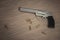 Crime scene. Gun with many bullets on wooden background. 3D rendered illustration