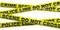 Crime scene, police line. Warning yellow tape isolated cutout against white background. 3d illustration