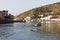 Crimea, Sevastopol, Balaklava district view of the houses from the bay on a foggy morning