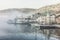 Crimea, Sevastopol, Balaklava A pier with yachts and a building.Castle, fog and the sea