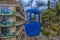 Crimea, Yalta. Orange funicular cabin and aerial city skyline panoramic view