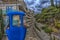 Crimea, Yalta. Orange funicular cabin and aerial city skyline panoramic view