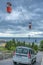 Crimea, Yalta. Orange funicular cabin and aerial city skyline panoramic view