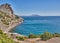 Crimean peninsula. People walk along the tourist route Golitsyn Trail. Botanical reserve New World