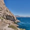 Crimean peninsula. People walk along the tourist route Golitsyn Trail. Botanical reserve New World.