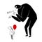 A criminal in black clothes is frightening a baby girl with a red ball in a raincoat and rubber boots. Black and white