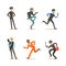 Criminal Characters Set, Robbers Running away from Policeman Cartoon Vector Illustration