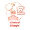 Criminal lifestyle red concept icon. Committing crime idea thin line illustration. Terrorist with bomb. Robber