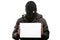 Criminal man in balaclava or mask covering face holding blank white card