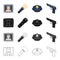 A criminal in prison, a flashlight, a police cap, a pistol. Police set collection icons in cartoon black monochrome