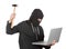 Criminal Woman Hacker Wearing Hood On in Black Clothes and Balaclava Destroy Laptop with Hammer