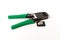 Crimper and wire cutter isolated on a white background with RJ45 socket