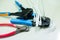 Crimper and wire cutter isolated on a white background. Twisting Cable Tool Twisted Pair Ethernet UTP Cat 5, Crimping RJ45 LAN