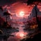 Crimson Moonlit Retreat: Serene River, Enchanting Moon, and Luminous Homes