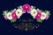 Crimson and white gerberas, purple asters and gold ornament with greeting I Love you on dark blue background