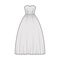 Crinoline dress technical fashion illustration with strapless sweetheart neck, floor length, full skirt, embellishment