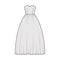 Crinoline dress technical fashion illustration with strapless sweetheart neckline, long floor length, full skirt. Flat