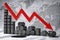 Crisis in oil and petroleum ndustry. Oil barrels and falling graph on world map background. Oil price or production decrease