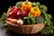 Crisp, colorful harvest basket of veggies on pure white backdrop