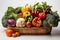 Crisp, colorful harvest basket of veggies on pure white backdrop