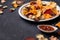 Crisp crunchy organic vegetable chips with dried oven-baked pumpkin, beetroot, squash, tomato, carrot chips snacks