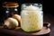 crisp macro shot of sauerkraut strands in a jar, lid off