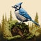 Crisp Neo-pop Illustration: Blue Jay Perched On Moss