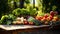 Crisp organic vegetables and fruits on wood table in the garden