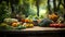 Crisp organic vegetables and fruits on wood table in the garden