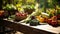 Crisp organic vegetables and fruits on wood table in the garden