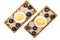 Crispbread with liver pate, eggs, mayonnaise and black olives